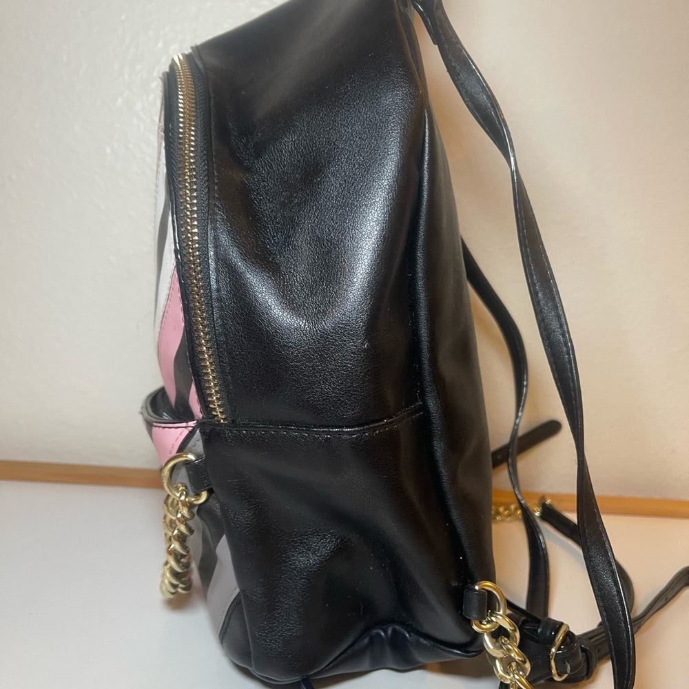 Victoria’s Secret Mini Backpack – Chevron Stripe, Black/ Pink, Chain Detail - Picture 5 of 7